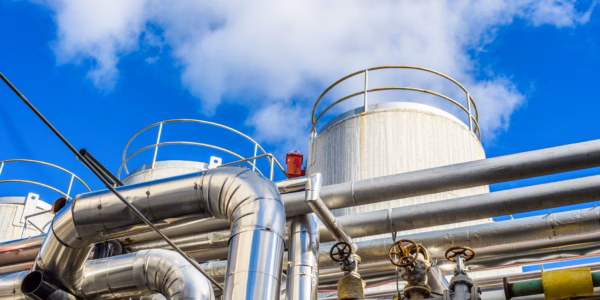 Industrial piping and storage tanks at biofuel plant