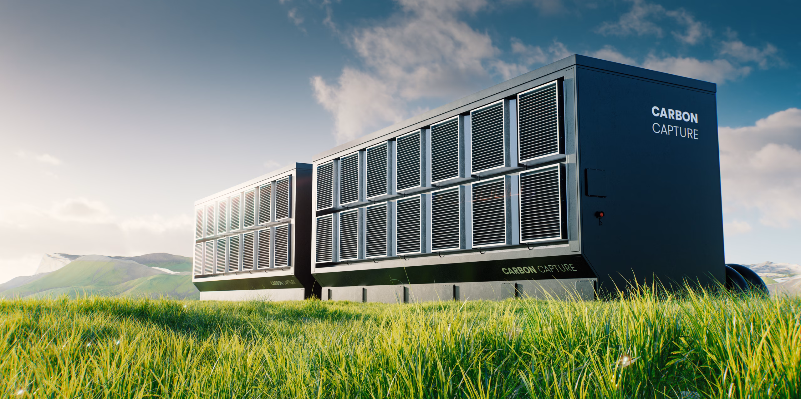 3D rendering of a carbon capture device in a green landscape, symbolizing innovation in climate technology and the pursuit of a sustainable future.