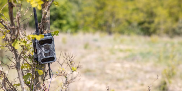 Wildlife camera hidden in a tree with antenna for wireless data transmission